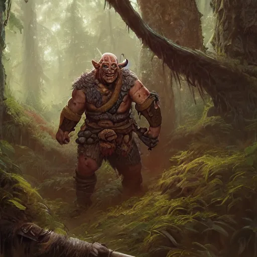 Prompt: a detailed portrait of an orc warrior inside a forest, by justin gerard and greg rutkowski, digital art, realistic painting, dnd, character design, trending on artstation