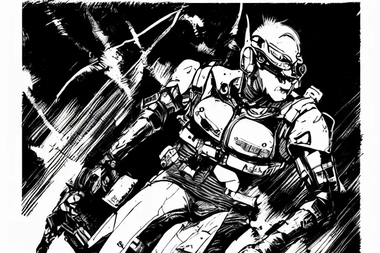 Image similar to gray fox from metal gear solid, doing a three point landing pose, a page from cyberpunk 2 0 2 0, style of paolo parente, style of mike jackson, adam smasher, johnny silverhand, 1 9 9 0 s comic book style, white background, ink drawing, black and white