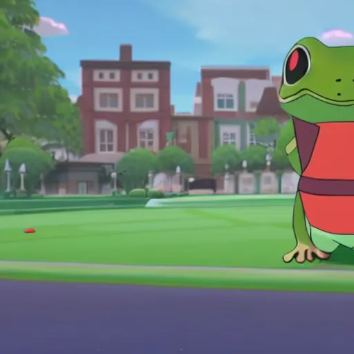 Image similar to frog pokemon trainer, wes anderson, screenshot from pokemon sword and shield