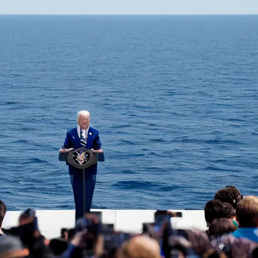 Prompt: Joe Biden on an aircraft carrier giving a speech, HD, 8K photo