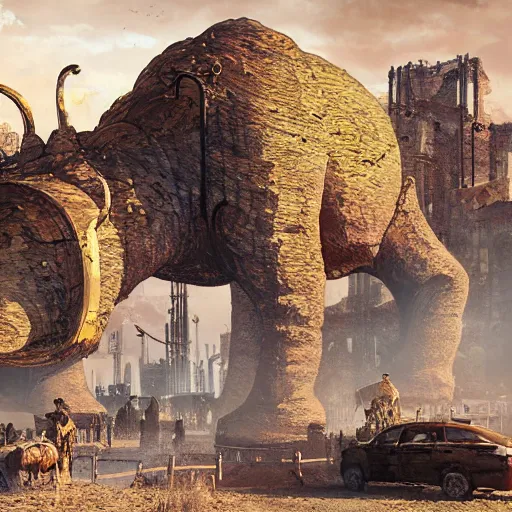 Prompt: golden mammoth in a ruined city, stylized, artstation, hd, cgsociety, cgi, realistic, dramatic, cinematic, artistic, trending, detailed