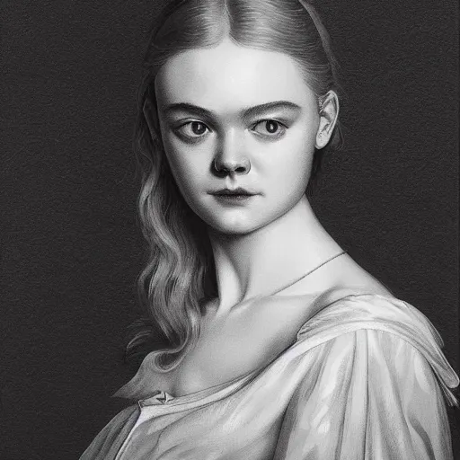 Image similar to Elle Fanning in a dark room, artstation, by J. C. Leyendecker and Peter Paul Rubens, Extremely detailed. 4K. Award winning.