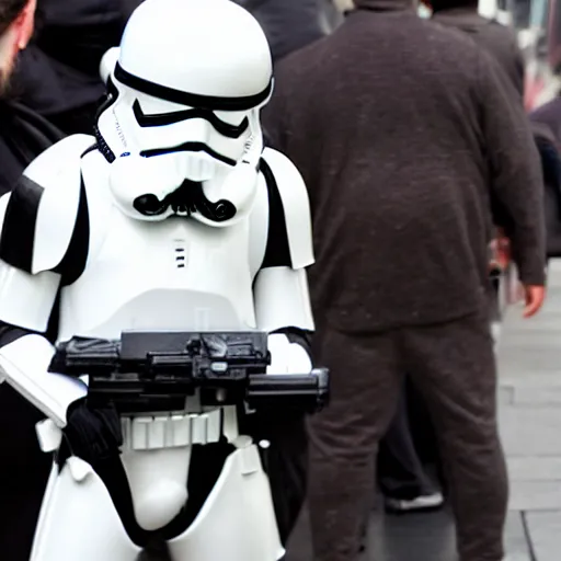 Image similar to 5 foot 1 0 fit man with short black beard and medium black well styled hair being captured by stormtroopers, highly detailed, high definition, ultra realistic