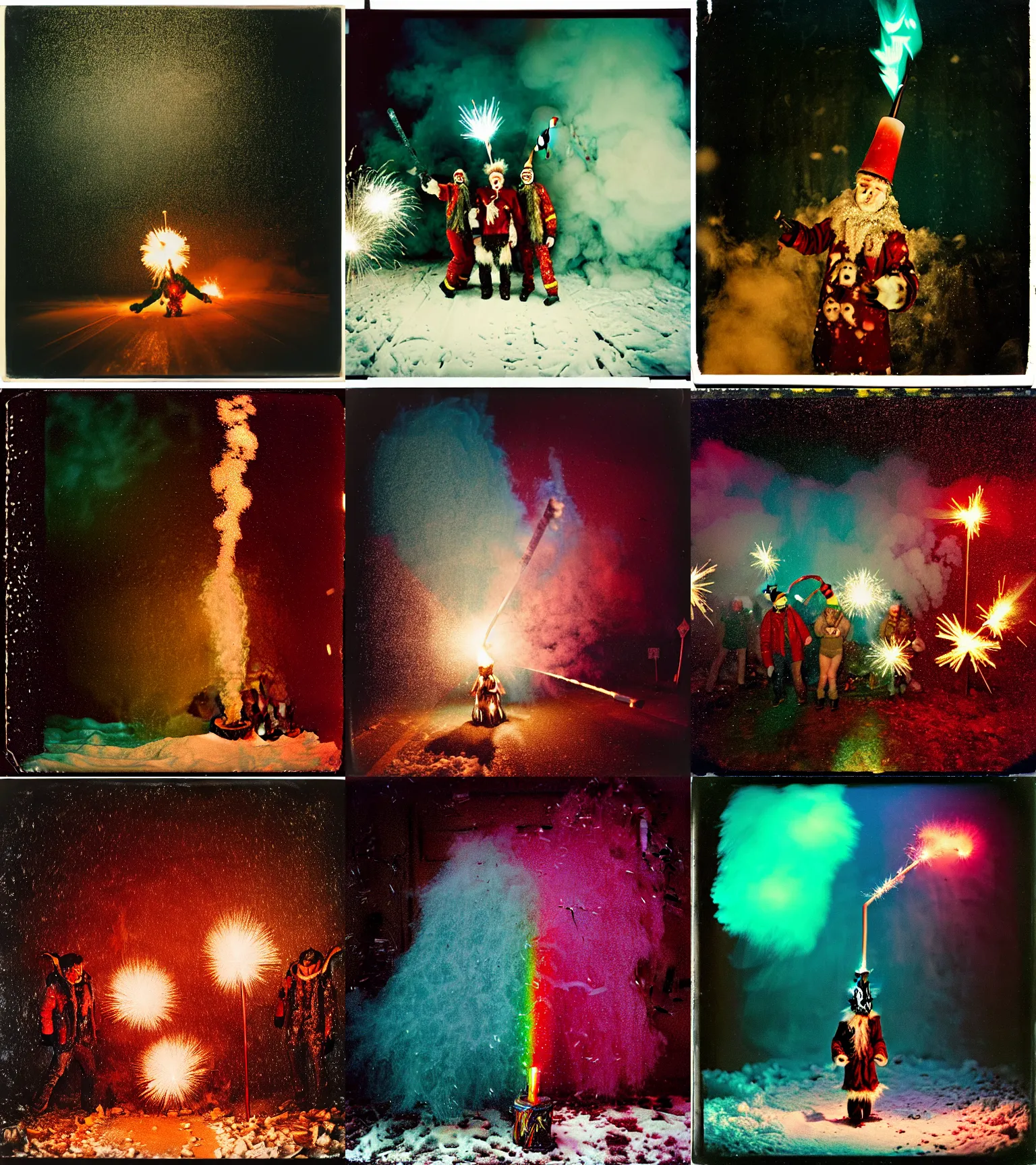 Image similar to kodak portra 4 0 0, wetplate, winter, snowflakes, rainbow coloured rockets, chaos, glitter tornados, award winning dynamic photo of a bunch of hazardous krampus between exploding fire barrels by robert capas, motion blur, in a small pantry at night with colourful pyro fireworks and torches, teal lights