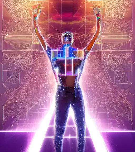 Image similar to symmetry!! egyptian prince of technology, solid cube of light, hard edges, product render retro - futuristic poster scifi, lasers and neon circuits, brown skin man egyptian prince, intricate, elegant, highly detailed, digital painting, artstation, concept art, smooth, sharp focus, illustration, dreamlike, art by artgerm