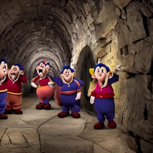 Image similar to photograph of the 7 dwarves exploring a dungeon, captioned