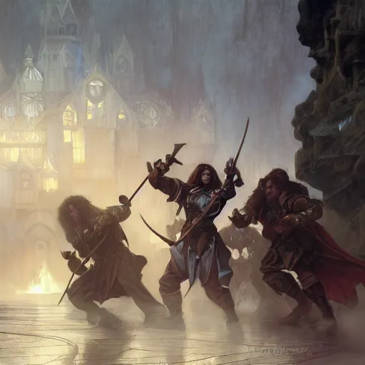 Prompt: Magic The Gathering art action shot of dwarven musketeers, men and women, drawn by Donato Giancola and Tom Bagshaw, Edmund Leighton, Alphonse Mucha, 4k, volumetric lighting, komorebi, intense battle scene award winning, octane render, hyperrealistic