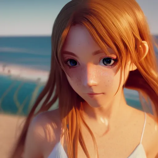 Image similar to Render of a very beautiful 3d anime girl, long hair, hazel eyes, cute freckles, full round face, short smile, cute sundress, golden hour, serene beach setting, cinematic lightning, medium shot, mid-shot, highly detailed, trending on Artstation, Unreal Engine 4k, cinematic wallpaper