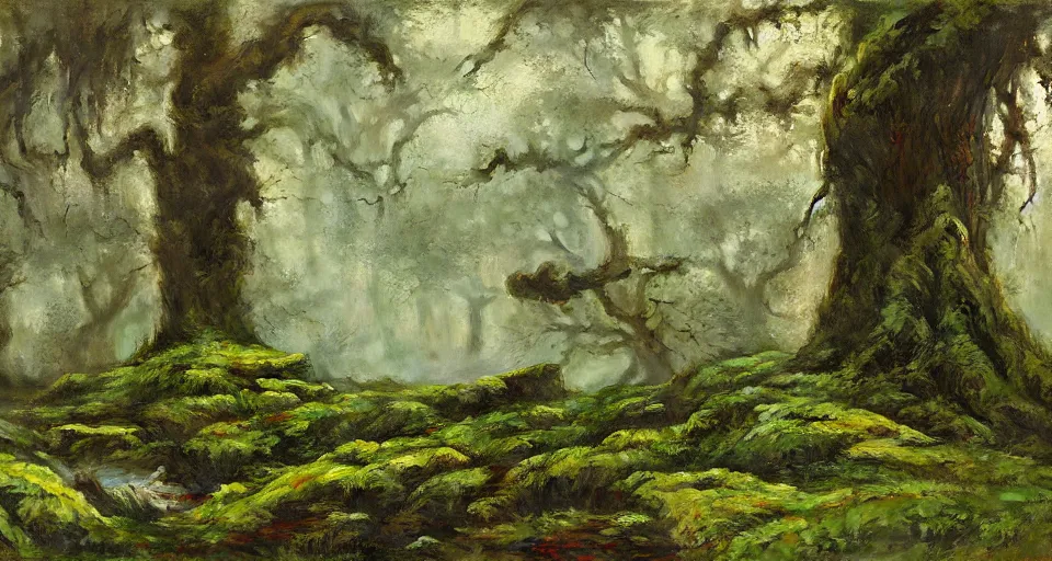 Image similar to ancient oak forest, mossy rocks, stream, oil painting, vivid colors, brush strokes, elegant, highly detailed, richard schmid, john park, ruan jia, jeffrey catherine jones