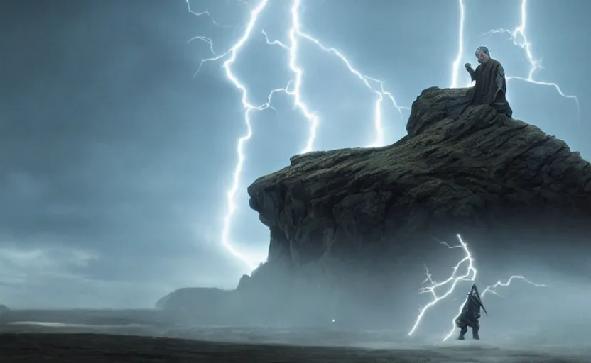 Image similar to screenshot portrait of Luke Skywalker fighting Emporer Palpatine force ghost, in a windy lightning battlefield with scattered ruins of a fiery jedi rock temple, iconic scene from 1970s film by Stanley Kubrick, last jedi, 4k UHD, cinematic lighting, beautiful portrait of Mark Hammill, moody scene, stunning cinematography, mcu effects, anamorphic lenses, kodak color film stock