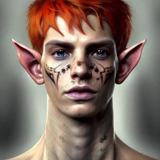 Image similar to portrait painting of an elven eladrin young man with short light orange hair and freckles and fine tribal tattoos on his cheekbones, ultra realistic, concept art, intricate details, eerie, highly detailed, photorealistic, octane render, 8 k, unreal engine. art by artgerm and greg rutkowski and charlie bowater and magali villeneuve and alphonse mucha