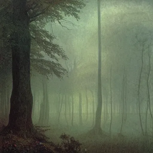 Prompt: foggy woods at golden hour, early in the morning, painting by Caspar David Friedrich