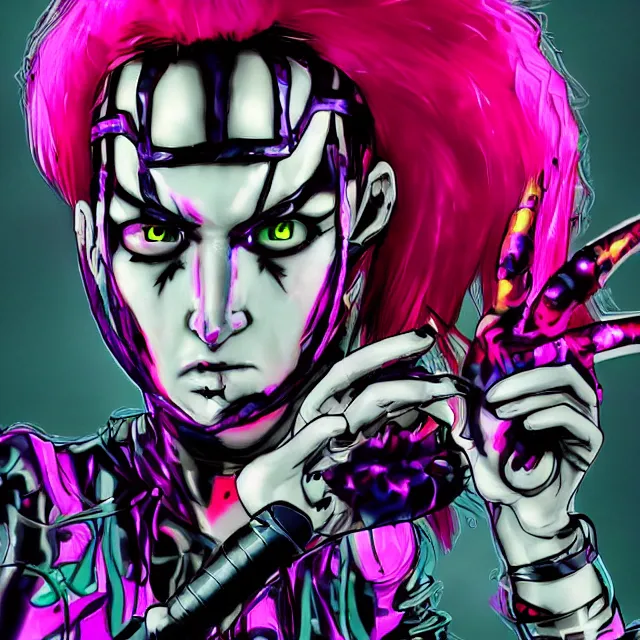 Prompt: a female mutant punk / raver using her mutant electrical powers in the style of hirohiko araki in the style of akira toriyama trending on artstation deviantart pinterest hyper detailed photorealistic highlights and shadow hd 8 k post - processing high resolution in color