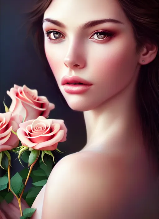 Image similar to a gorgeous female photo, professionally retouched, soft lighting, holding a bouquet of roses, realistic, smooth face, perfect eyes, wide angle, sharp focus on eyes, 8 k high definition, insanely detailed, intricate, elegant, art by artgerm and wlop