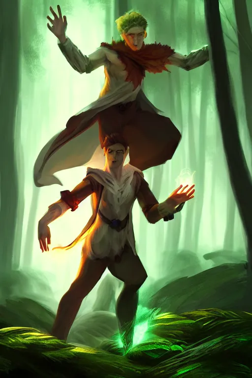 Prompt: a human elemental sorcerer, forest setting, colorful magic, male, white skin, young, sharp focus, concept art, dynamic lighting, unreal engine, by stu harrington