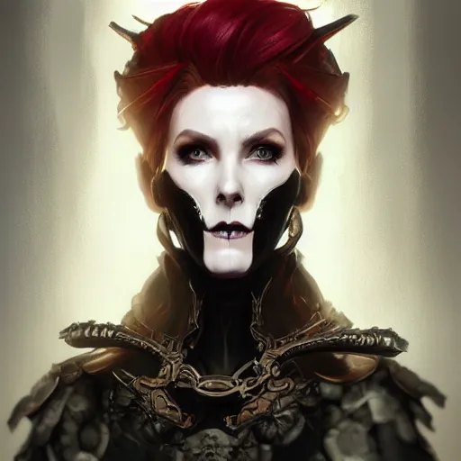 Image similar to dark fantasy character portrait of Moira from Overwatch, wearing skull mask, dystopian mood, intricate, wild, highly detailed, digital painting, artstation, upper body, concept art, smooth, sharp focus, illustration, art by artgerm and greg rutkowski and alphonse mucha