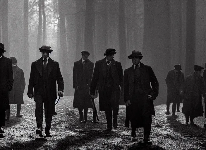 Image similar to an dramatic scene from peaky blinders, medium long shot, filmed in the dark woods, a cabin in the background, leonardo dicaprio and daniel day - lewis, faces covered in shadows, detailed and symmetric faces, black and white, cinematic, epic,
