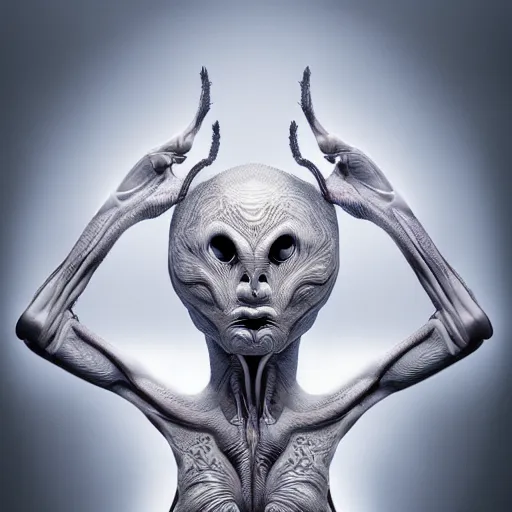 Image similar to hyper realistic photography of an alien, plated arm, intimate, chest, holding close, ribbons, in the style of beth cavener, jin kagetsu,, and wlop, highly detailed, intricate filigree, symmetry, masterpiece, award winning, sharp focus, concept art, highkey lighting, ambient lighting, octane render, 8 k, artstation
