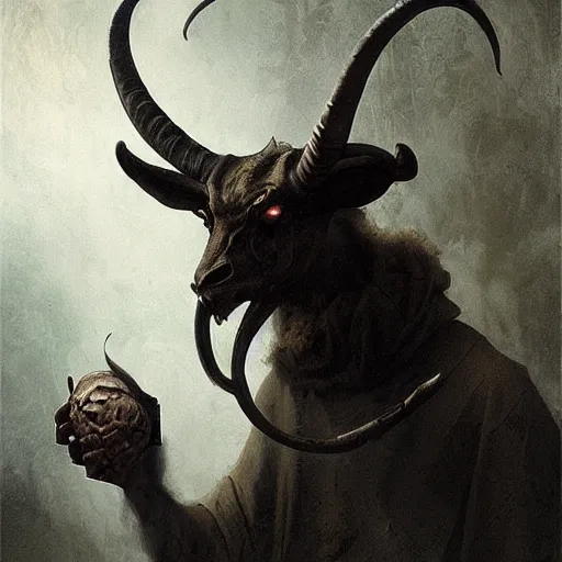 Image similar to baphomet with goat horns holding an animal skull, style of da vinci, horror, fantasy illustration, by greg rutkowski