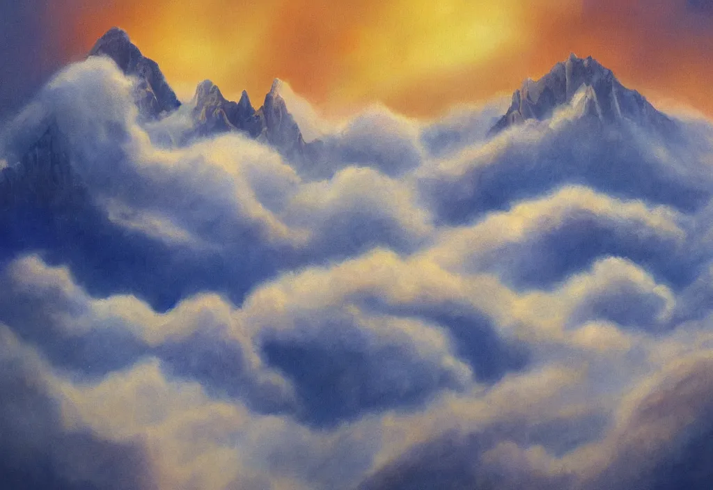 Image similar to fantasy painting of a mountain reaching above the clouds, highly detailed,