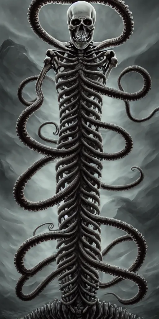 Image similar to a human skeleton slowly transforming into a tentacle monster, matte oil painting, concept art, dnd, clear, crisp, sharp, bones, eldritch, award - winning, extremely detailed, 4 k, 8 k