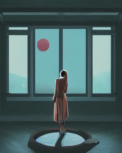 Image similar to beautiful painting of a a person standing on a wooden floor in front of a window, poster art by mor than, cgsociety, space art, sci - fi, cosmic horror, sense of awe, art by mike winkelmann, sky night, illustration, highly detailed, simple, smooth and clean vector curves, no jagged lines, vector art, smooth, artstation