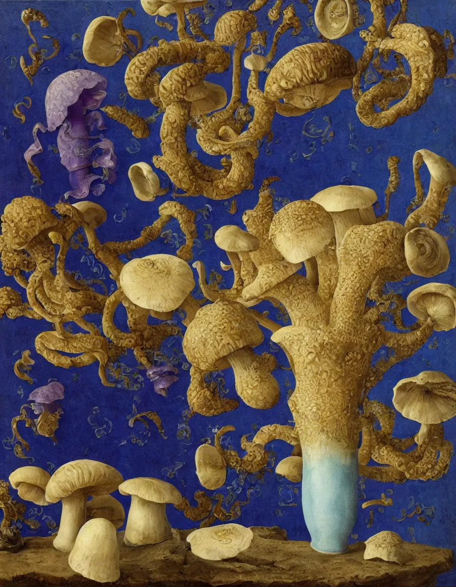 Image similar to vase of mushroom in a blue sky and under the sea decorated with a dense field of stylized scrolls that have opaque purple outlines, with jellyfishes, ambrosius benson, oil on canvas, hyperrealism, light color, no hard shadow, around the edges there are no objects