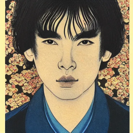 Image similar to “ charley matthew portrait by ikenaga yasunari and ayana otake and ko rakusui, 6 0 s poster, drawing, realistic, sharp focus, japanese, dreamy, nostalgia, faded, golden hues, floral clothes ”