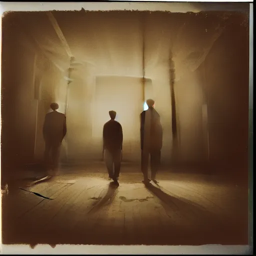 Prompt: Two male silhouettes on an abandoned theatre stage, polaroid picture, colour, bright