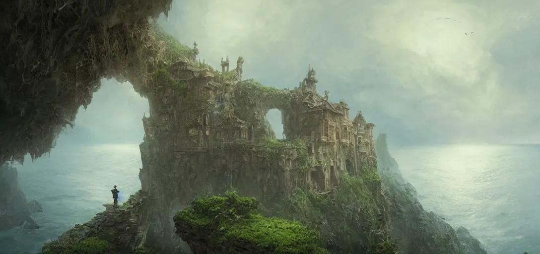 Image similar to old big mansion hanging over a cliff, overseeing an ocean, horror, fog, scary, hyper detailed, 8k, james gurney, greg rutkowski, john howe, artstation