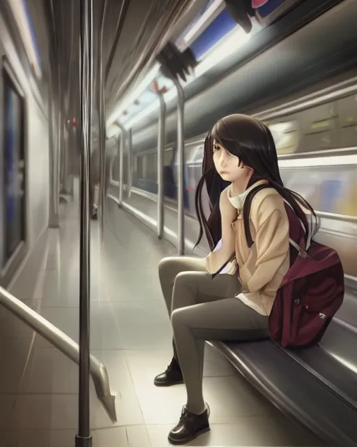 Prompt: a lonely girl riding the subway on her own, ambient lighting, full shot, detailed face, 3 d shading, by makoto shinkai, stanley artgerm lau, wlop, rossdraws