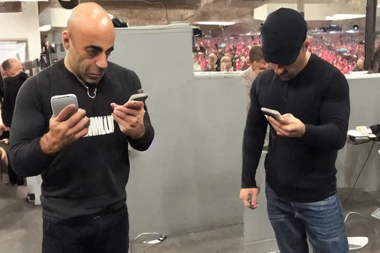 Prompt: joe rogan checking his phone, nervous