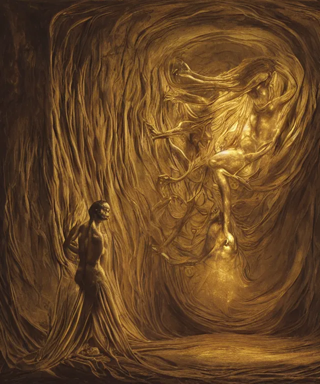 Image similar to The room without doors and windows with beautiful full-body wax sculpture of the glowing woman with visible golden bones inside her in the singularity where stars becoming baroque folds of dark matter by Michelangelo da Caravaggio, Nicola Samori, William Blake, Alex Grey and Beksinski, dramatic volumetric lighting, detailed oil painting, 8k, masterpiece