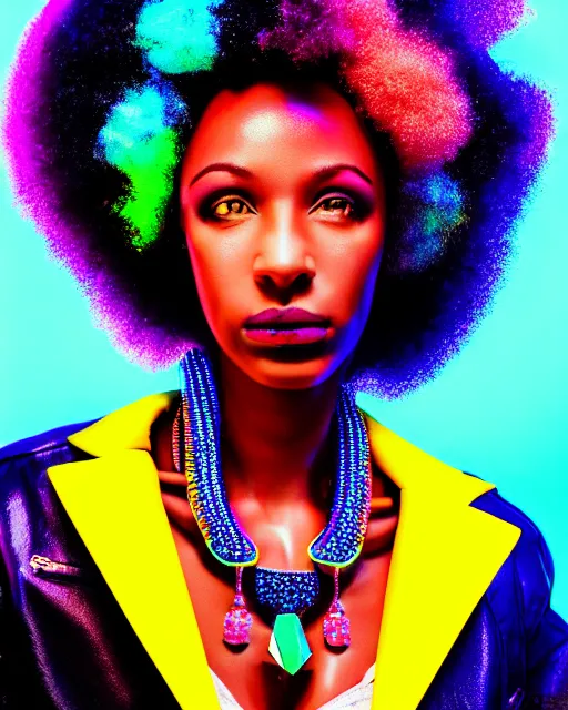 Prompt: afro futuristic portrait of a black woman. vivid neon lighting, colors. fashionable jacket, necklace. cyberpunk style, wearing a crown of blue crystals and diamond studs in the cosmos by manzel bowman