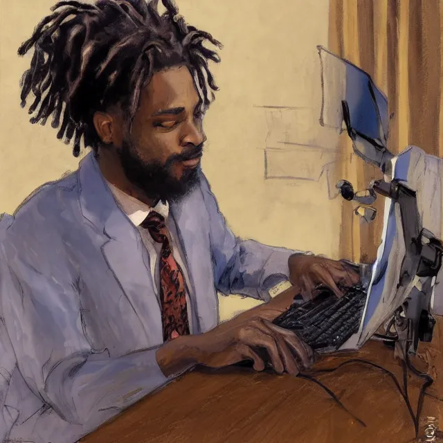 Image similar to a jamaican male with medium length locs, holding a sony camera, sitting at a computer desk, portrait, elegant, intricate, digital painting, artstation, concept art, smooth, sharp focus, illustration, art by konstantin korovin and daniel f. gerhartz and john howe