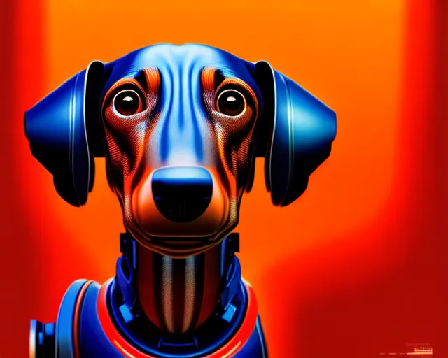 Prompt: head of a mechanical robotic dachshund, hyper - realistic, gta v cover art, celshading, sharp focus, intricate, detailed, rhads, andreas rocha, makoto shinkai, lois van baarle, ilya kuvshinov, greg rutkowski, dynamic lighting, grunge aesthetic, 4 k