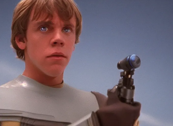 Image similar to screenshot from the lost star wars film, blue transparent hologram of Luke Skywalker, iconic scene from Star Wars, directed by Stanely Kubrick, moody cinematography, with anamorphic lenses, crisp, detailed, 4k