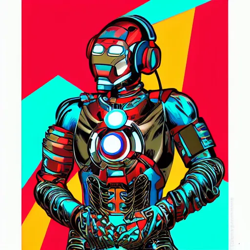 Image similar to artgerm, psychedelic laughing cybertronic ironman, rocking out, headphones dj rave, digital artwork, r. crumb, svg vector