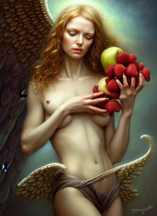 Image similar to woman as an angel holding fruits, fine art, intricate, elegant, highly detailed, realistic hair, centered, digital painting, art station, conceptual art, soft, sharp focus, illustration, artwork, artgerm, tomasz alen kopera, peter mohrbacher, donato giancola, wlop, boris vallejo