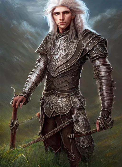 Image similar to A fantasy portrait painting of a male elf wearing leather armor on a beautiful meadow, DAZ, hyperrealistic, ambient light, dynamic light, trending on artstation, d&d, RPG portrait