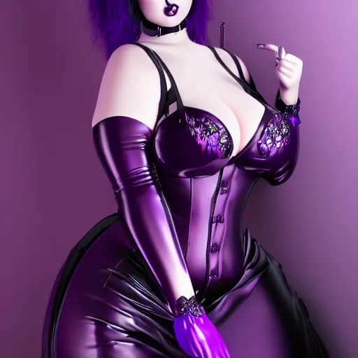 Prompt: curvy feminine goth woman with dignified elaborate tight purple-black-silver nylon and latex ballroom gown, black choker necklace, amorous posture, photorealistic, cgsociety, sublime, 16k, smooth, sharp focus, ArtStation, hyperdetailed, volumetric lighting