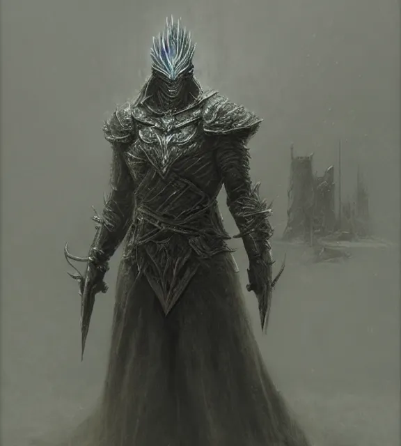 Image similar to frost warlord with frost crown concept, beksinski, age of sigma art, frank franzetta, ruan jia, dark soul armor concept, trending on artstation, wayne barlowe, adrian smith fantasy art, elden ring art, the hobbit art, lord of the ring art, infinity blade armor