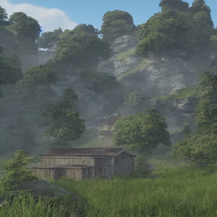 Image similar to a building in a serene landscape, unreal engine