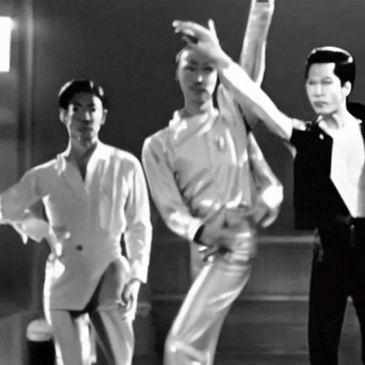 Image similar to A still of Ho Chi Minh wearing a disco suit in Saturday Night Fever