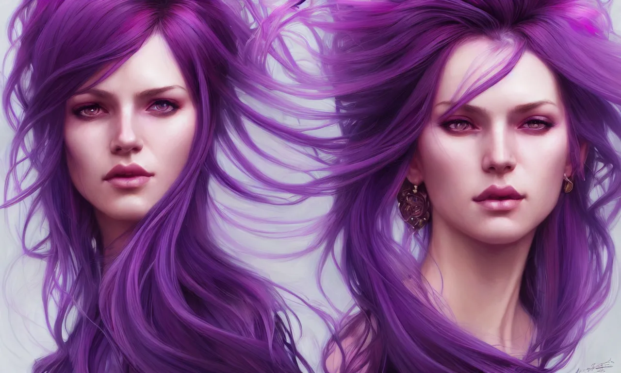 Image similar to Portrait of a woman with bright colored flying hair, all shades of purple. Hair coloring, amber eyes, face, long hair, fantasy, intricate, elegant, highly detailed, digital painting, artstation, concept art, smooth, sharp focus, illustration, art by artgerm and greg rutkowski and alphonse mucha