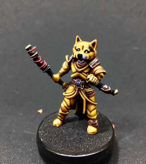 Image similar to a shiba inu, resin miniature, 2 8 mm heroic scale, games workshop, deity, citadel colour, glowing eyes, osl, nmm, r / paintedminis, round base, fantasy ttrpg villain, dungeons and dragons, reaper minis