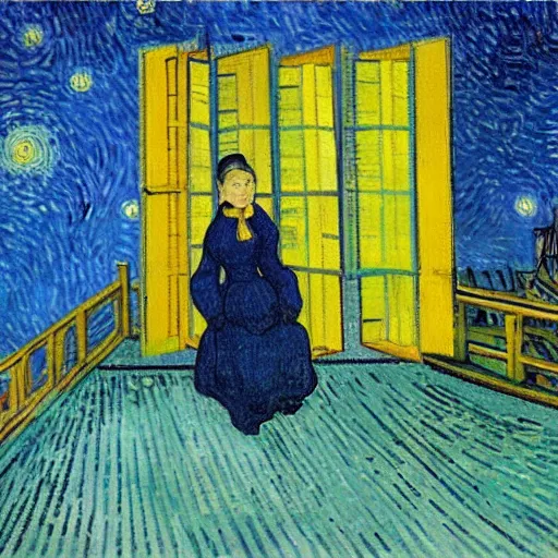 Prompt: a romantic girl on the roof of the house in rotterdam looks at the stars, in the windows yellow light, painting by wang gogh