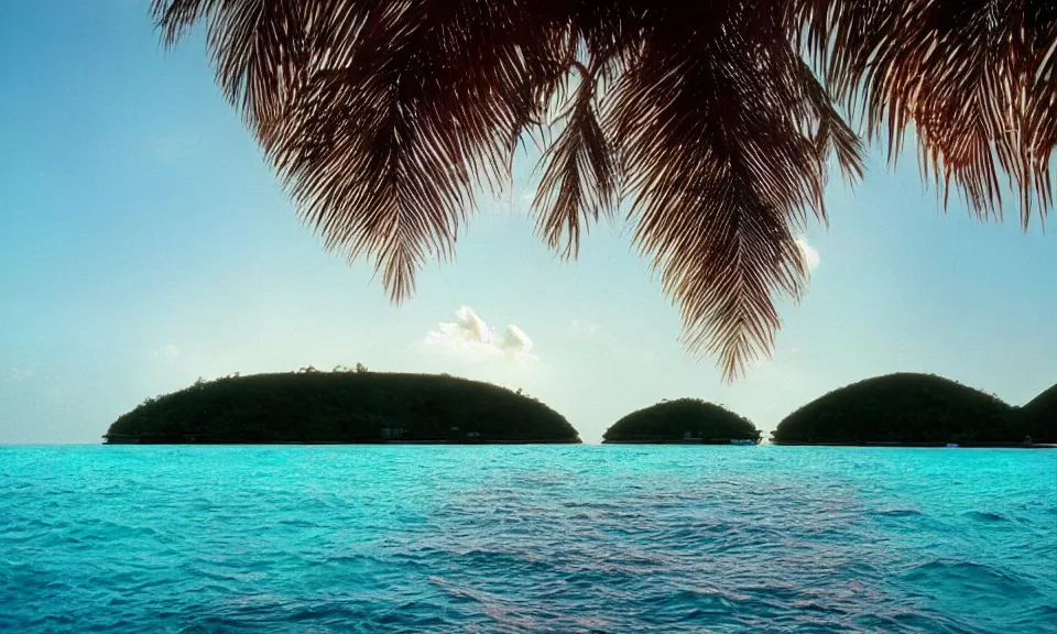 Image similar to 35mm film still magic morning light over an island in the maldives, by Alex grey