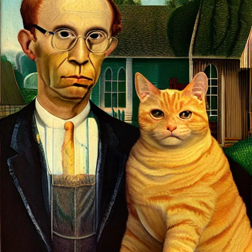 Prompt: fat orange tabby cat next curly haired man, style of american gothic by grant wood