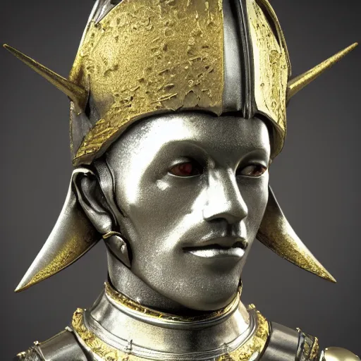 Prompt: bust portrait of a knight, silver, steel, ornate decoration, gold trim, octane, unreal 5